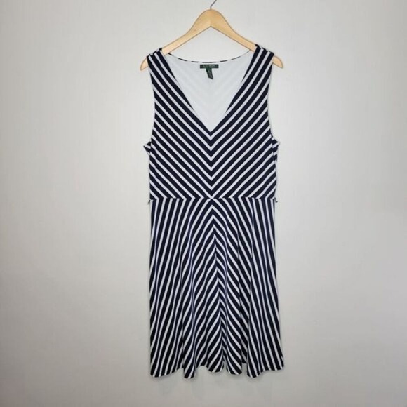 Ralph Lauren Dresses & Skirts - Lauren Ralph Lauren ‎ Dress XL Midi Blue White Striped Preppy Nautical V Neck